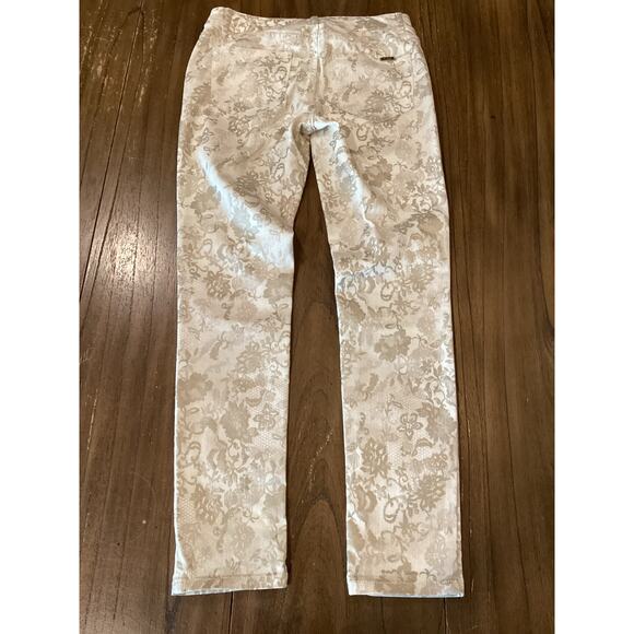 Cache Floral Lace Jacquard Print Skinny Jeans Gold/Off White lowrise Pants 2 - Picture 2 of 13